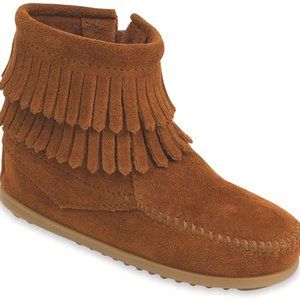 Minnetonka Double Fringe Side Zip Boot Moccasin Brown Size 4 (Womens 6)
